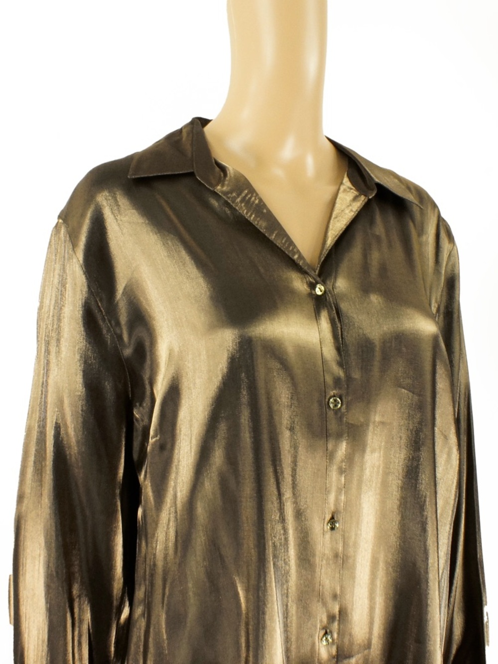 Vintage Liquid Gold Bronze Metallic Satin Shirt Blouse Button Up Shiny Top - Picture 4 of 6